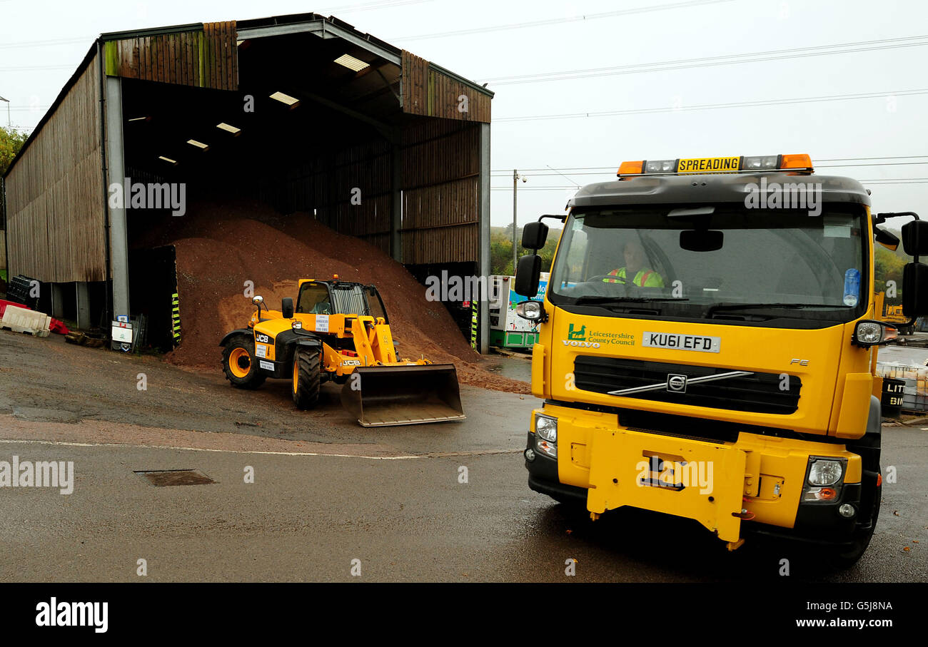 A gritting truck is seen at the Northern Highway Depot, Mountsorrel, Leicestershire. Stock Photo