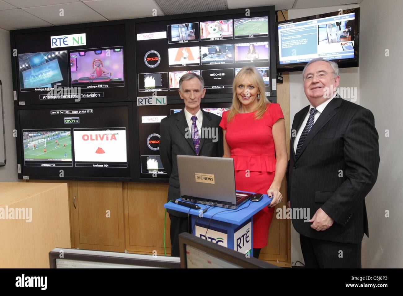 left - right) The Chairman of the Board of RTE, Tom Savage, Miriam O  Callaghan and Minister for Communications Pat Rabbitte before the  switchover took place at RTE Stock Photo - Alamy