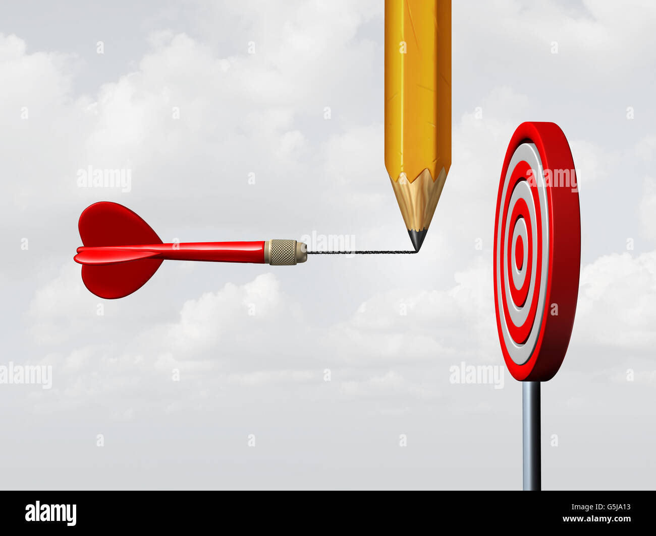 Success consulting concept and business marketing advice system as a pencil drawing on a flying dart an extended target needle straight towards a focused goal as a motivation and achievement metaphor with 3D illustration elements. Stock Photo
