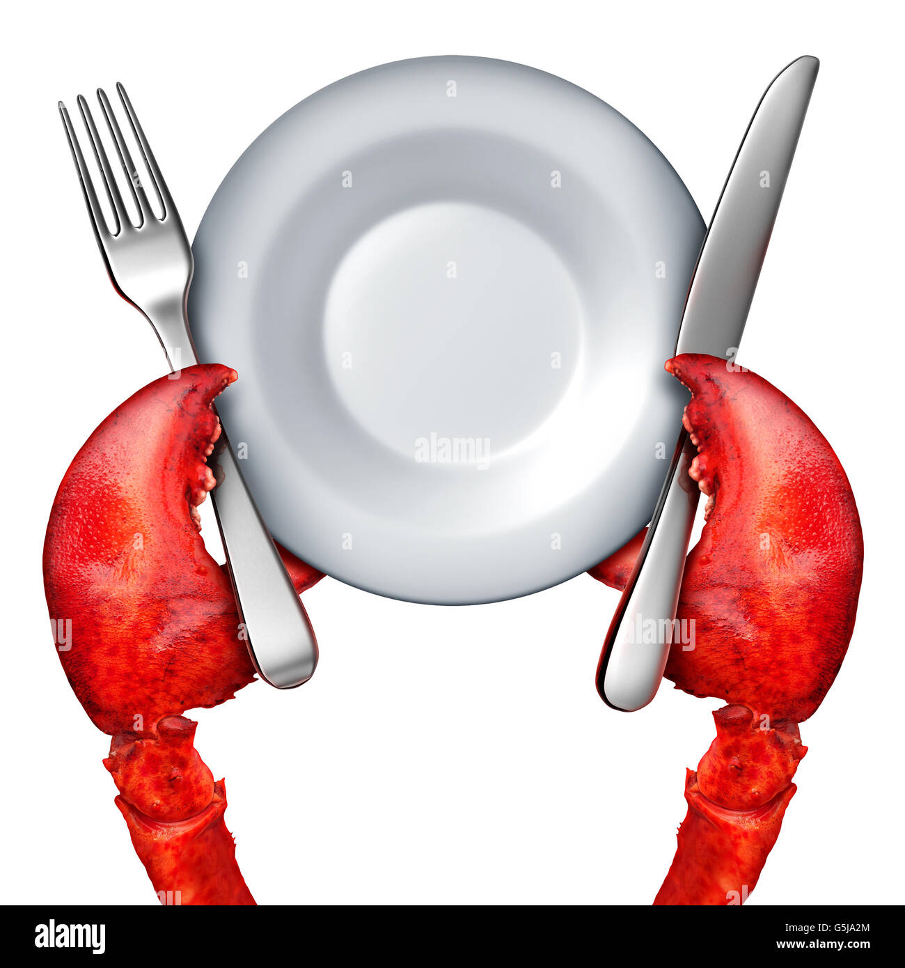 Lobster dinner concept as the red claws of the fresh ocean crustacean holding a fork and knife and blank dish as a gourmet serving symbol isolated on white with 3D illustration elements. Stock Photo