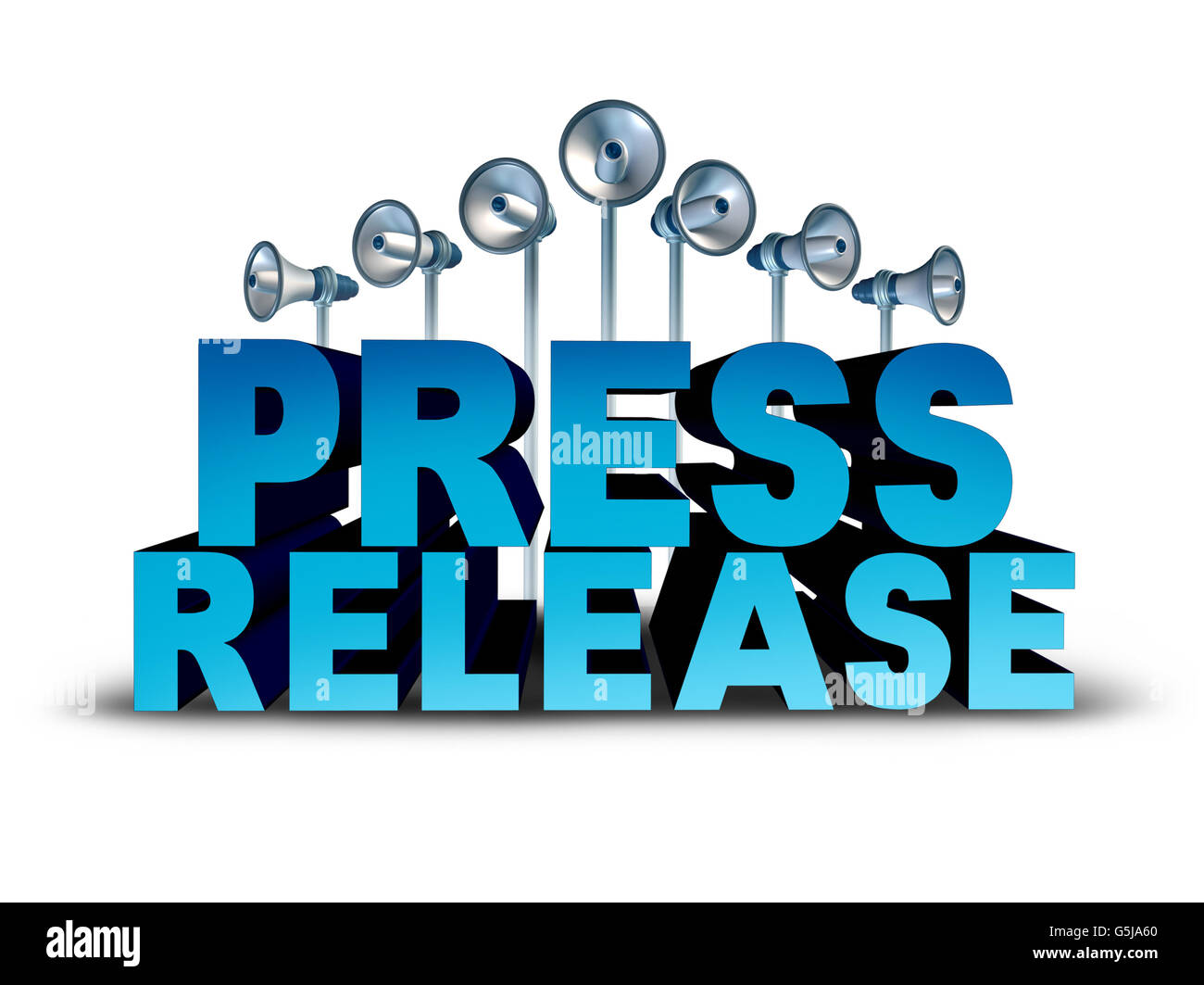 Press release news reporting and public relation communication concept as 3D illustration text with bullhorn or megaphone objects broadcasting an important message or media announcement sound bite. Stock Photo