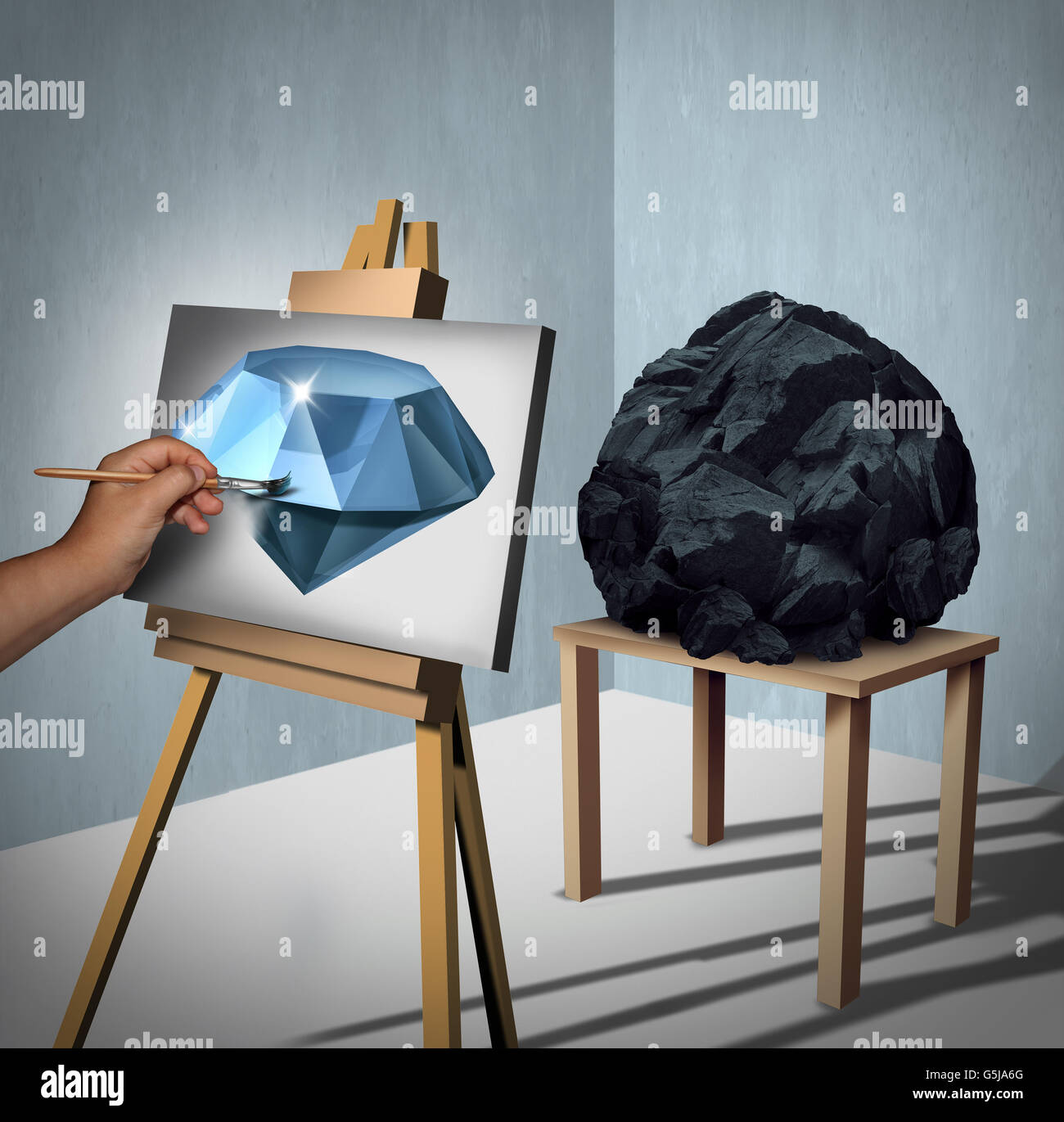 Seeing the possibilities or value opportunity and creating wealth financial concept as a painter looking at a rock or coal and inertpreting the object as a painted precious diamond on canvas with 3D illustration elements. Stock Photo