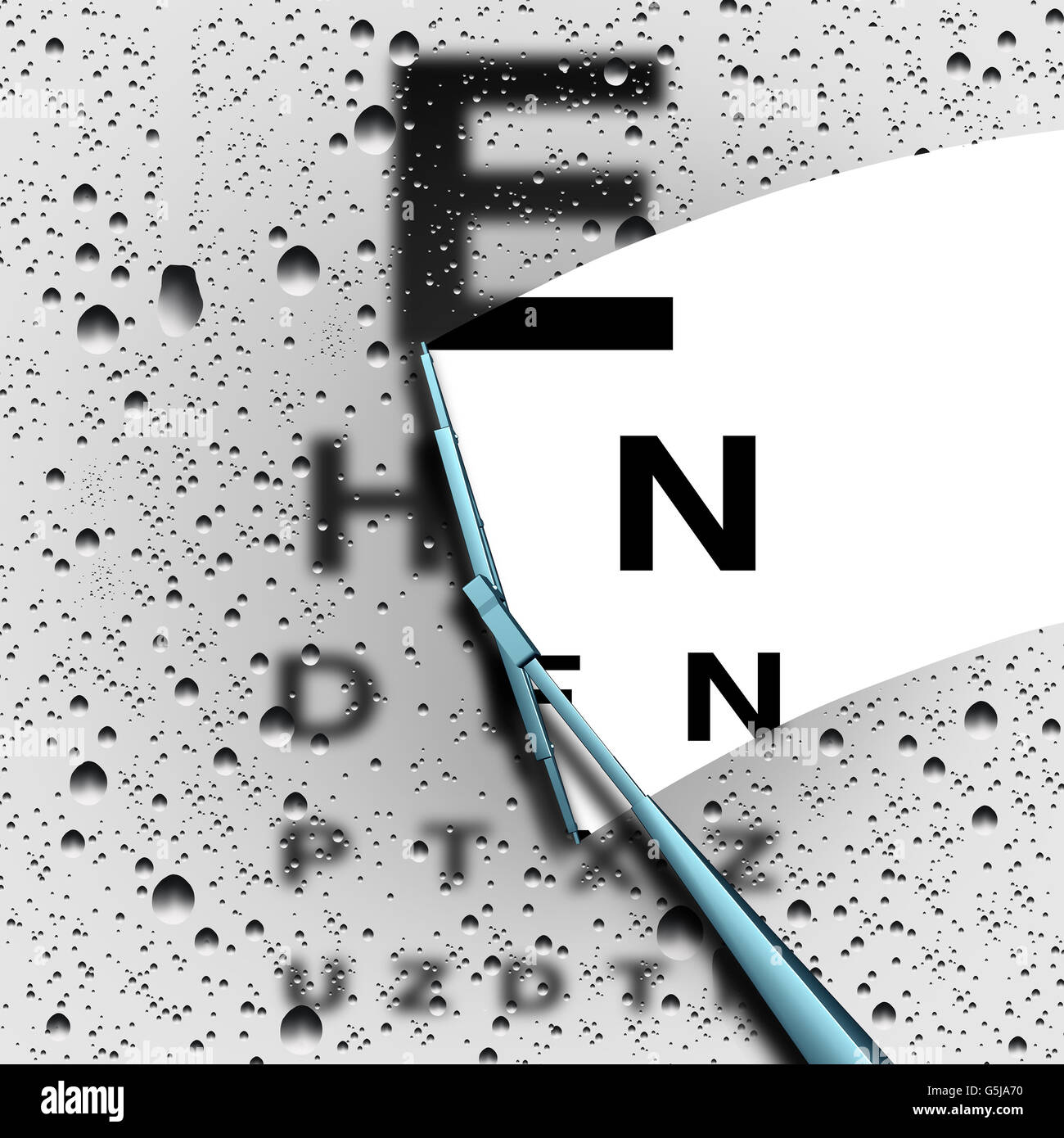 Clear vision out of focus eye test concept as a blurry eye chart with a wiper wiping away water drops for a sharper visual as a Stock Photo
