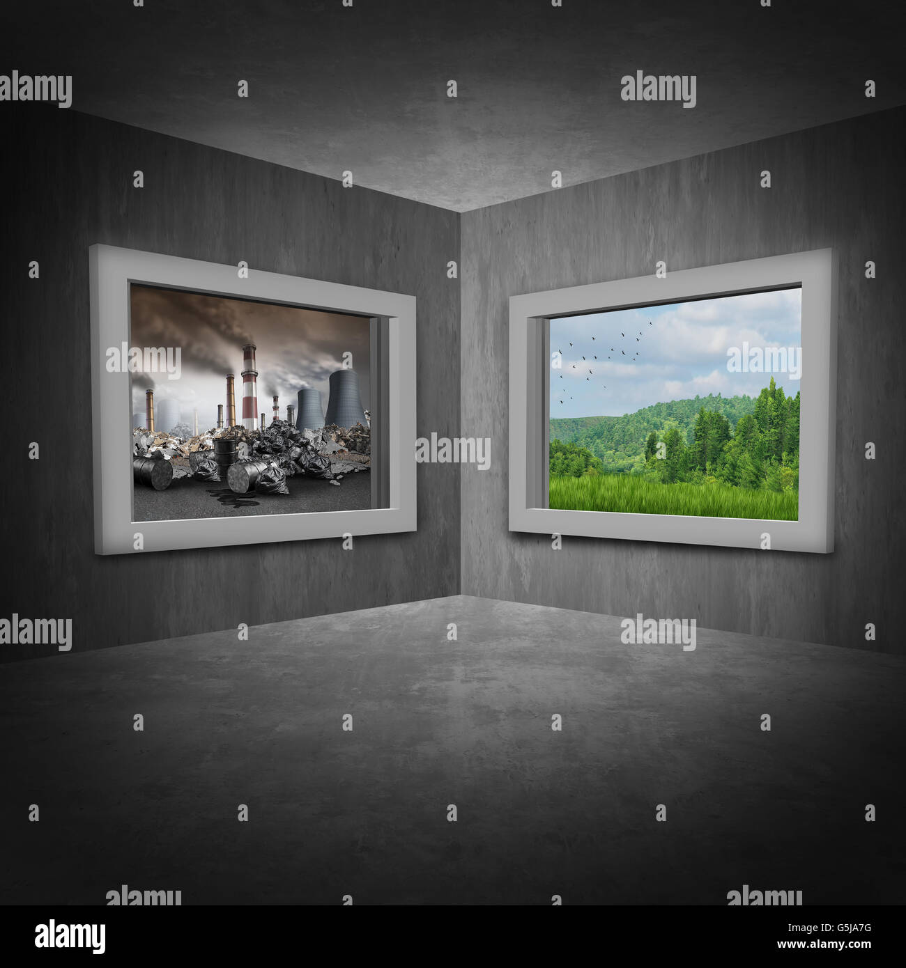 Environmental change concept as a room with two windows showing a polluted toxic environment contrasted by another window with green trees and clean air as a climate and ozone depletion symbol with 3D illustration elements. Stock Photo