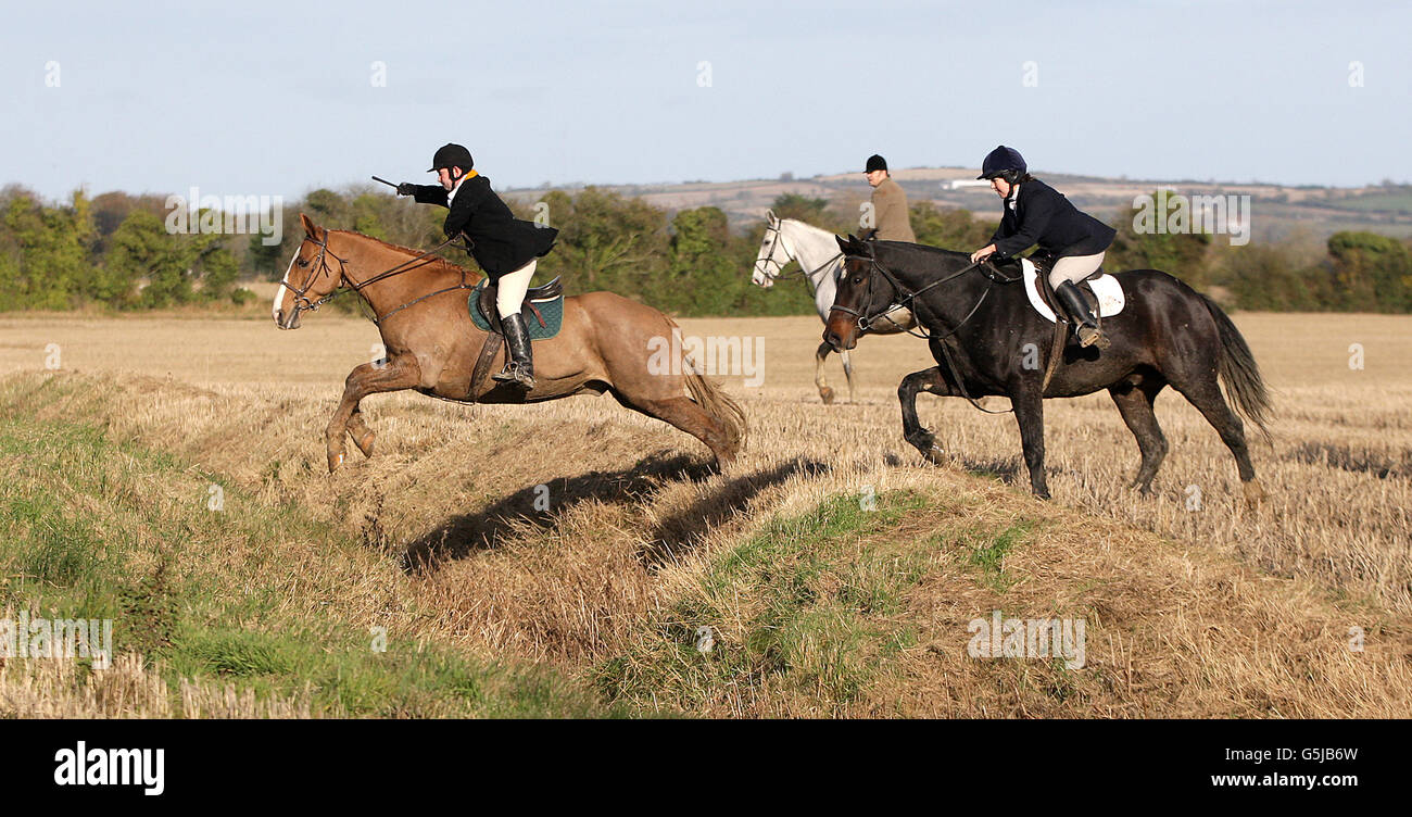 Members of the Fingal Harriers Hunt make their way through fields near Oldtown in Co Meath. Stock Photo