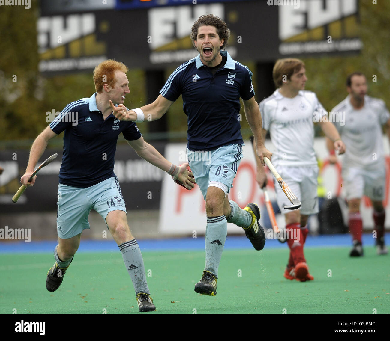 Reading's Simon Mantell celebrates scoring the eqauliser during the EuroHockey League Round 1.2 game at East Grinstead HC, West Sussex. Stock Photo