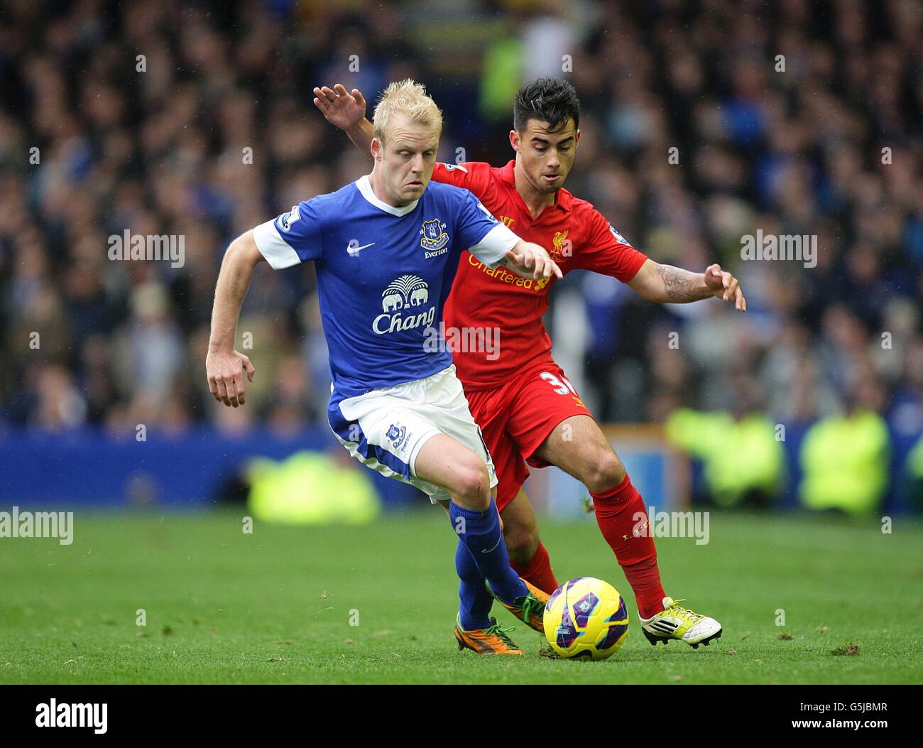 Everton's Steven Naismith (left) and Liverpool's Jesus Fernandez Saez (right) battle for the ball Stock Photo