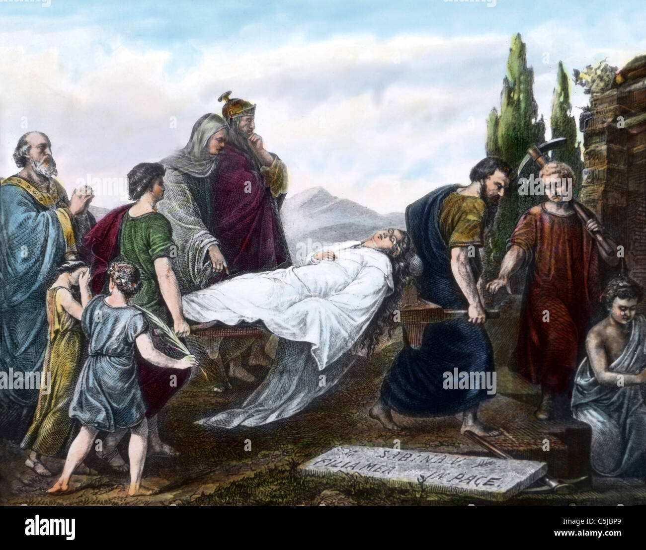 Die Bestattung der heiligen Caecilia, mit dem Trauerzug vor ihrer Katakombe in Rom, Italien. Funeral procession of St. Cecilia in front of her tomb at Rome, Italy. Stock Photo