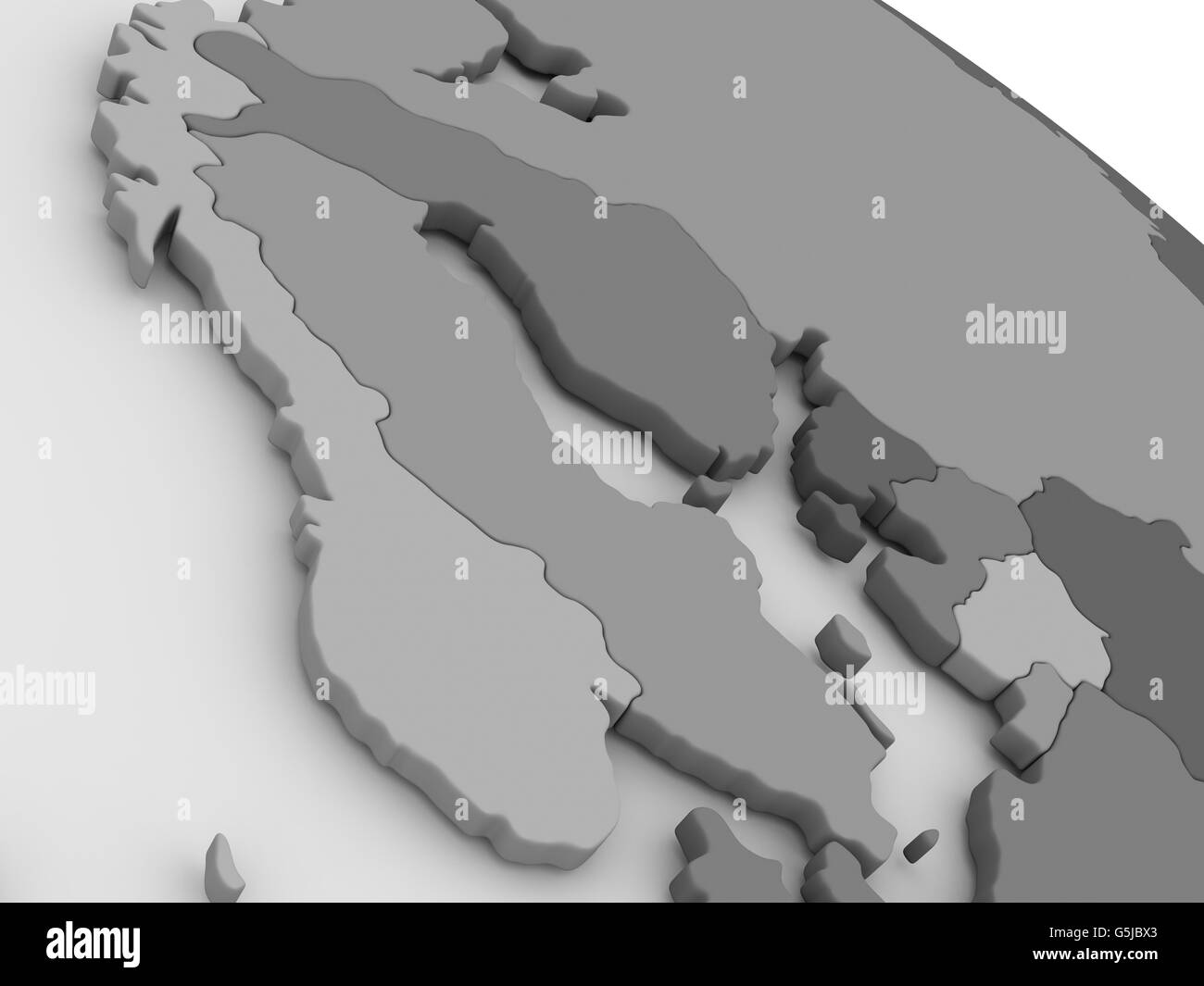 Map of Scandinavia on grey model of Earth. 3D illustration Stock Photo