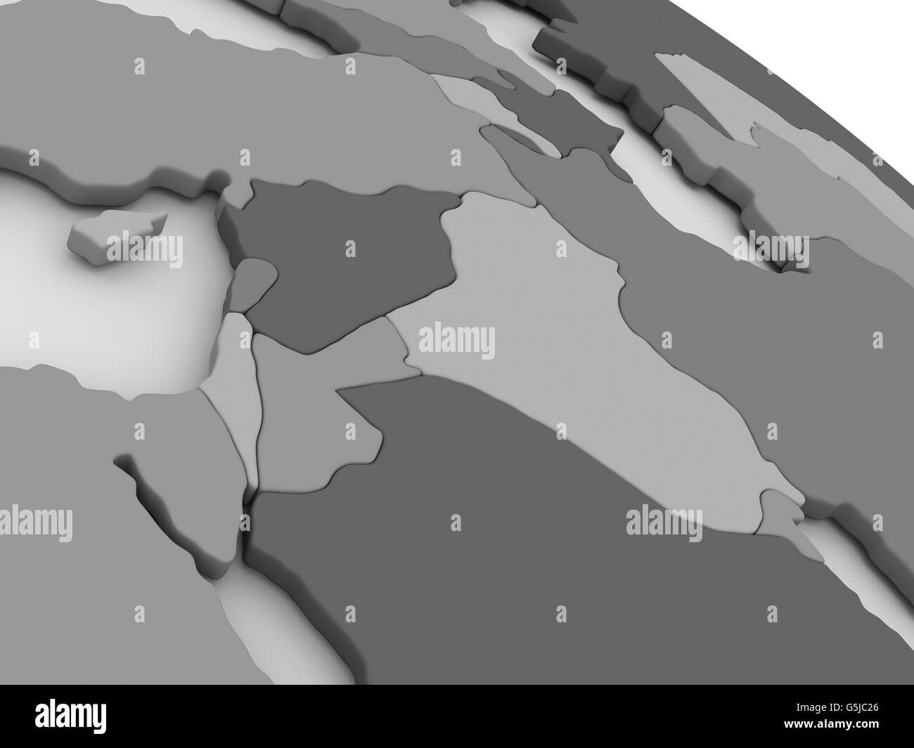 Map of Israel, Lebanon, Jordan, Syria and Iraq region on grey model of Earth. 3D illustration Stock Photo