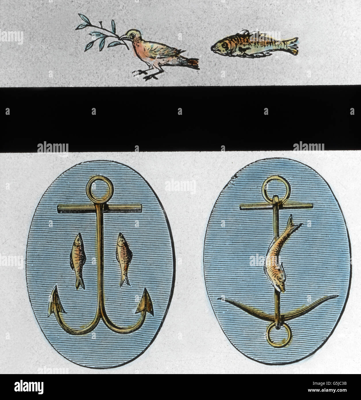 Der Fisch und der Anker als christliche Symbole. Fish and anchor as Christian symbols. Stock Photo