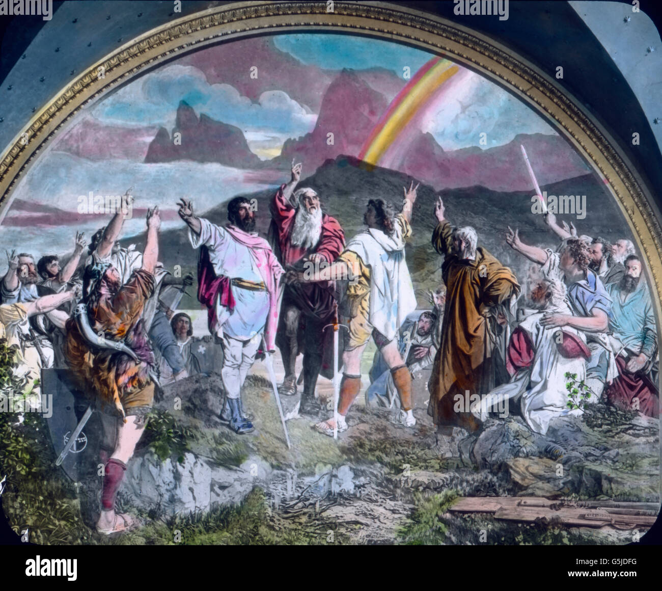 Der Schwur auf dem Rütli, Fresko in der Tellskapelle, Schweiz. 1920er Jahre. The legendary oath of the Old Swiss Confederacy, Fresco at Tell's chapel, Switzerland 1920s. Stock Photo