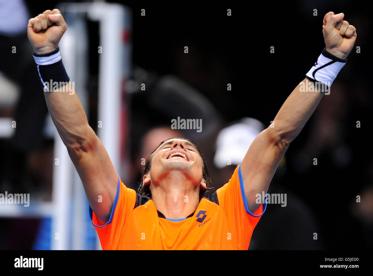 Spain's David Ferrer celebrates victory in his match against Argentina's Juan Martin del Potro during the Barclays ATP World Tour Finals at the O2 Arena, London. Stock Photo