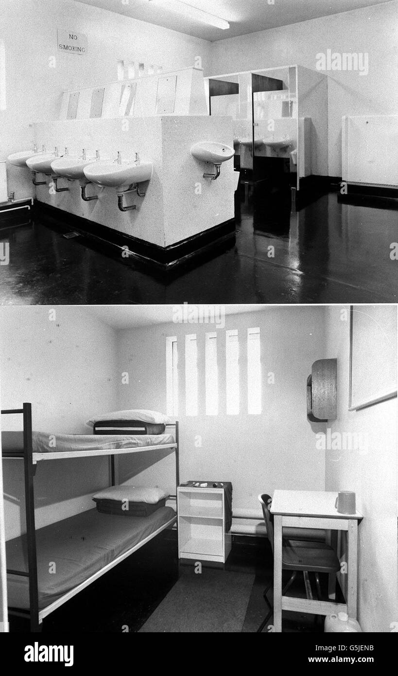 A composite picture of two scenes inside H Block at the Maze Prison near Belfast in Northern Ireland. Top - lavatory facilities. Bottom - A double bunk cell. Stock Photo
