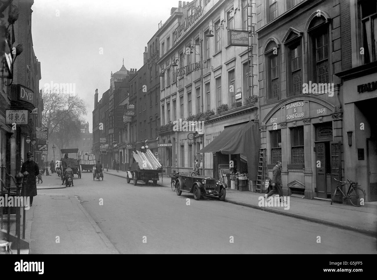London - Greek Street 1932. A view of Greek Street in London's Soho. Stock Photo