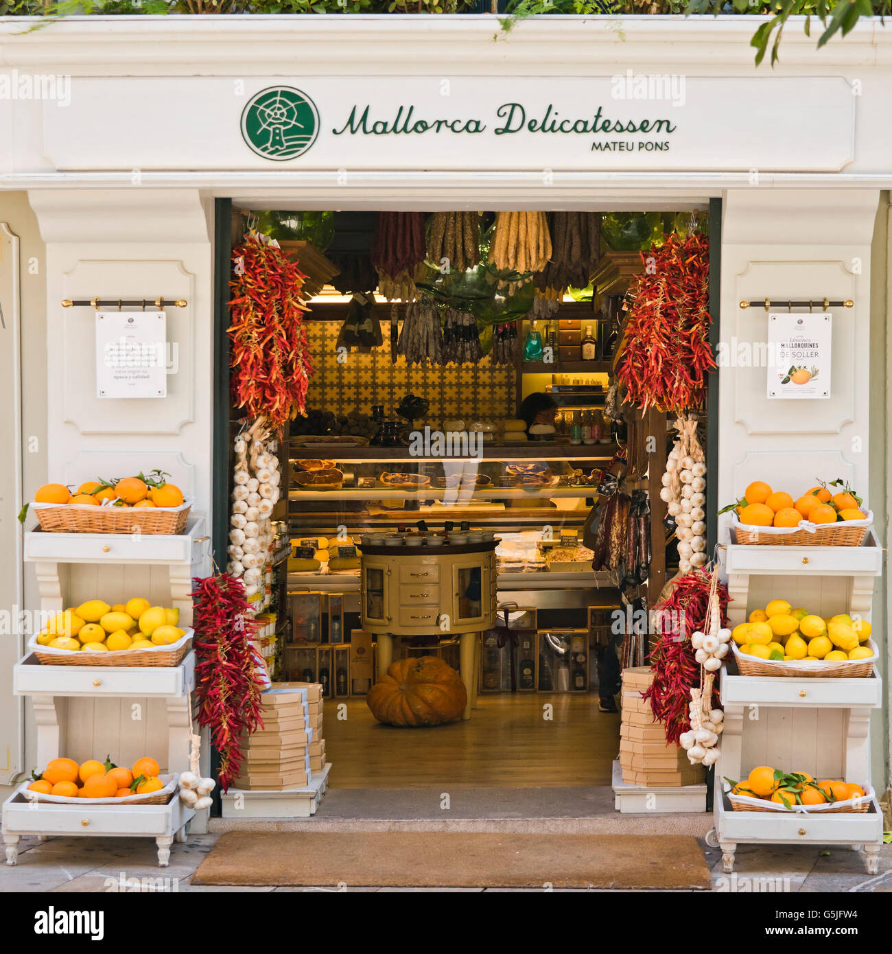 Square view of a typical Mallorcan delicatessen in Palma, Majorca Stock