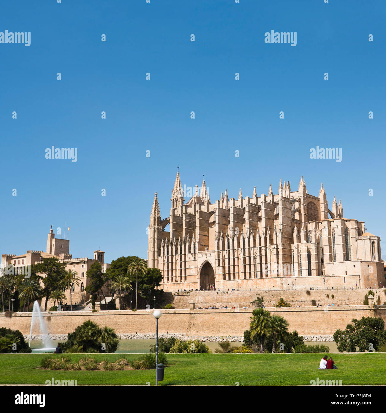 Horizontal street view of the Cathedral of Santa Maria of Palma, aka La Seu, in Majorca. Stock Photo