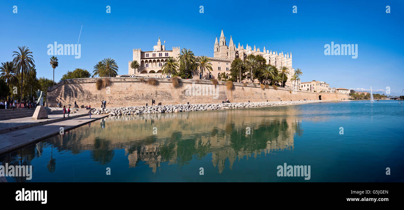 Horizontal panoramic (3 picture stitch) view of the Cathedral of Santa Maria of Palma, aka La Seu, in Majorca. Stock Photo
