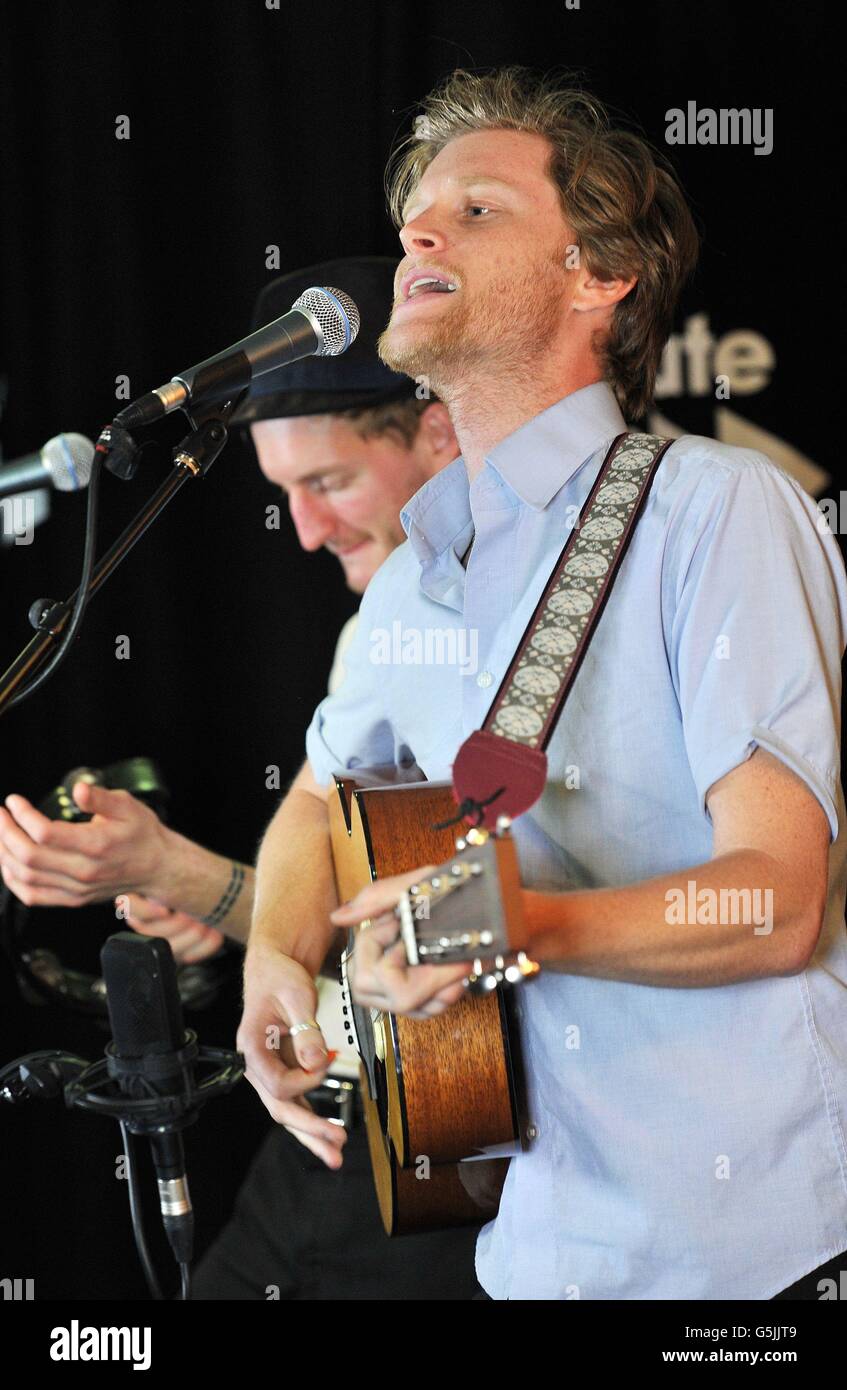 Wesley Schultz of the American rock-folk band the Lumineers, during a short musical session for Absolute Radio live, at their studios in central London. Stock Photo