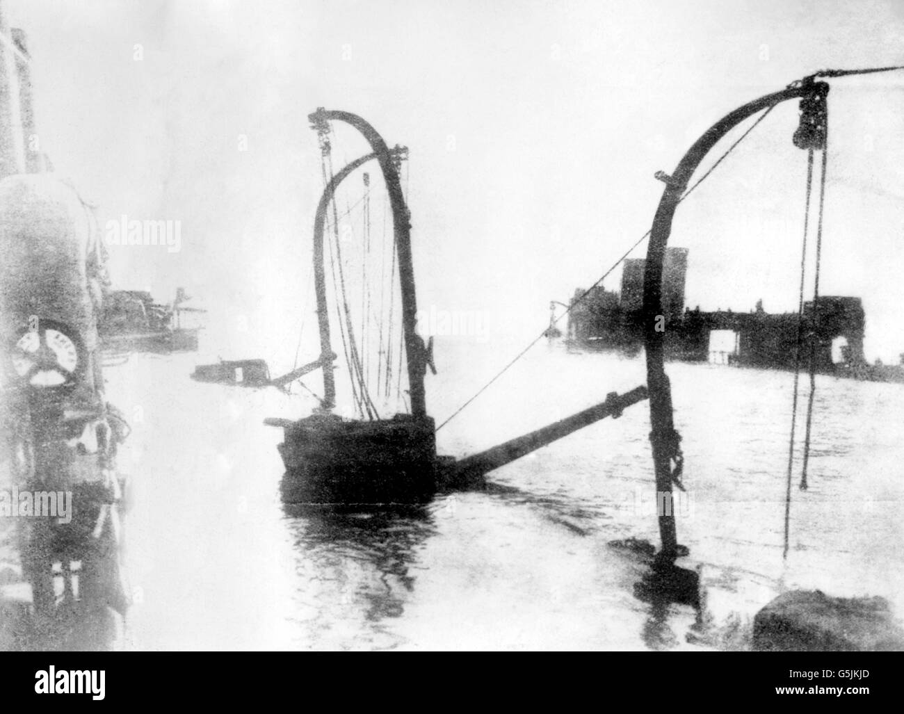 A picture taken from a German newspaper showing sunken blockships at Zeebrugge in Belgium. Stock Photo
