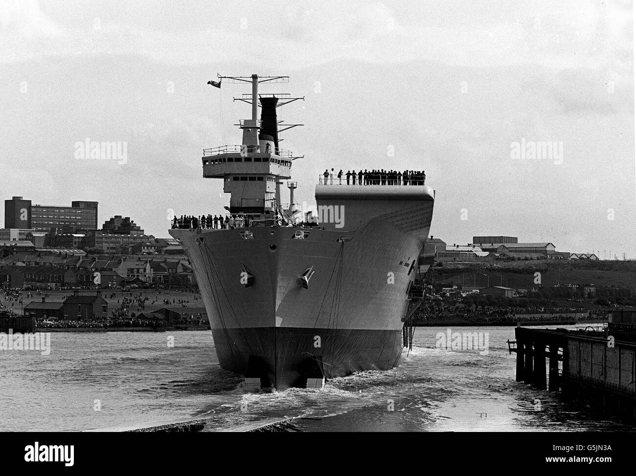 Library file dated 02/06/1981 of the Royal Navy's new 220 million aircraft carrier Ark Royal in the Tyne after being launched by the Queen Mother. The 101 year old Queen Mother was today flying by helicopter to Portsmouth for the re-commissioning of the aircraft carrier, HMS Ark Royal, which has undergone a 147-million refit, Thursday 22 November, 2001. See PA story 0430 ROYAL Mother. PA Photos. Stock Photo