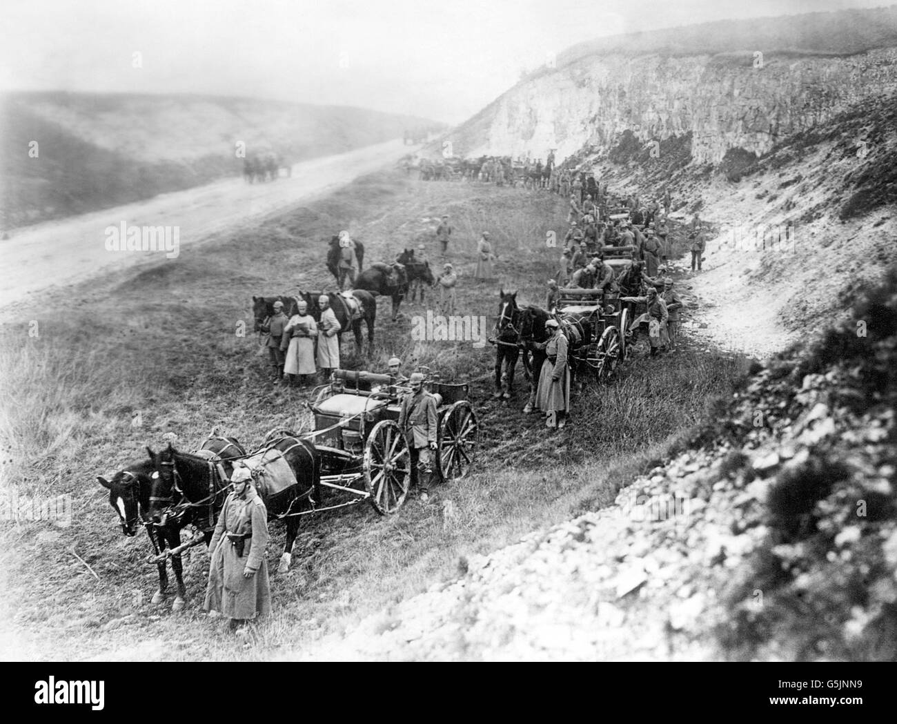 World War One - German Army - Ammunition. A German ammunition column is transported to the firing line. Stock Photo