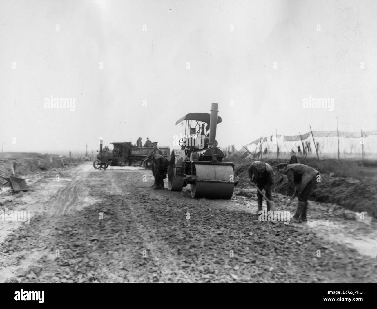 British soldiers repairing the Menin Road in Belgium. Stock Photo