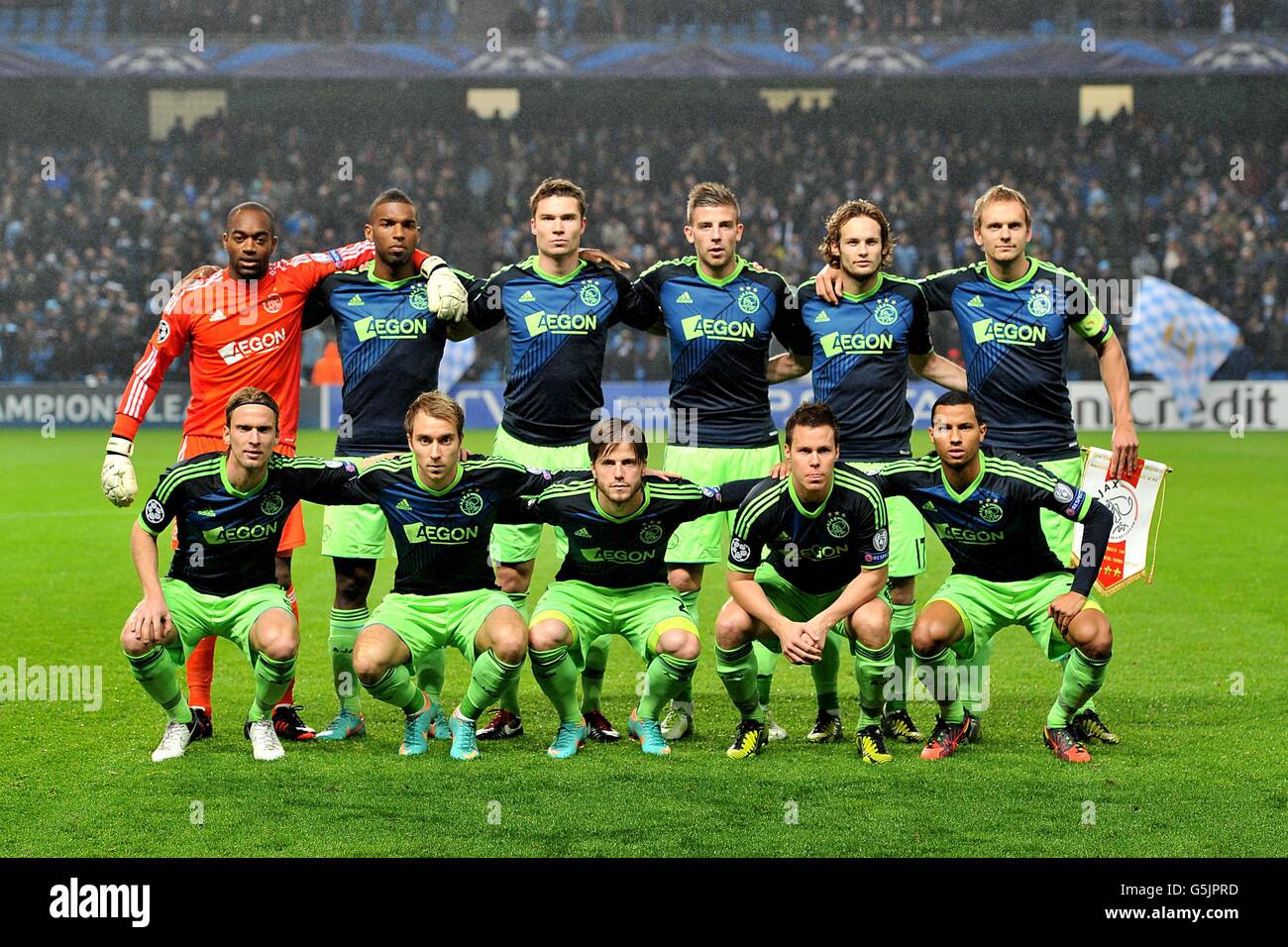 (top row left to right) Ajax's Kenneth Vermeer, Ryan Babel, Derk Boerrigter, Toby Alderweireld, Daley Blind and Siem De Jong. (bottom row left to right) Christian Poulsen, Christian Eriksen, Lasse Schone, Niklas Moisander and Ricardo van Rhijn Stock Photo