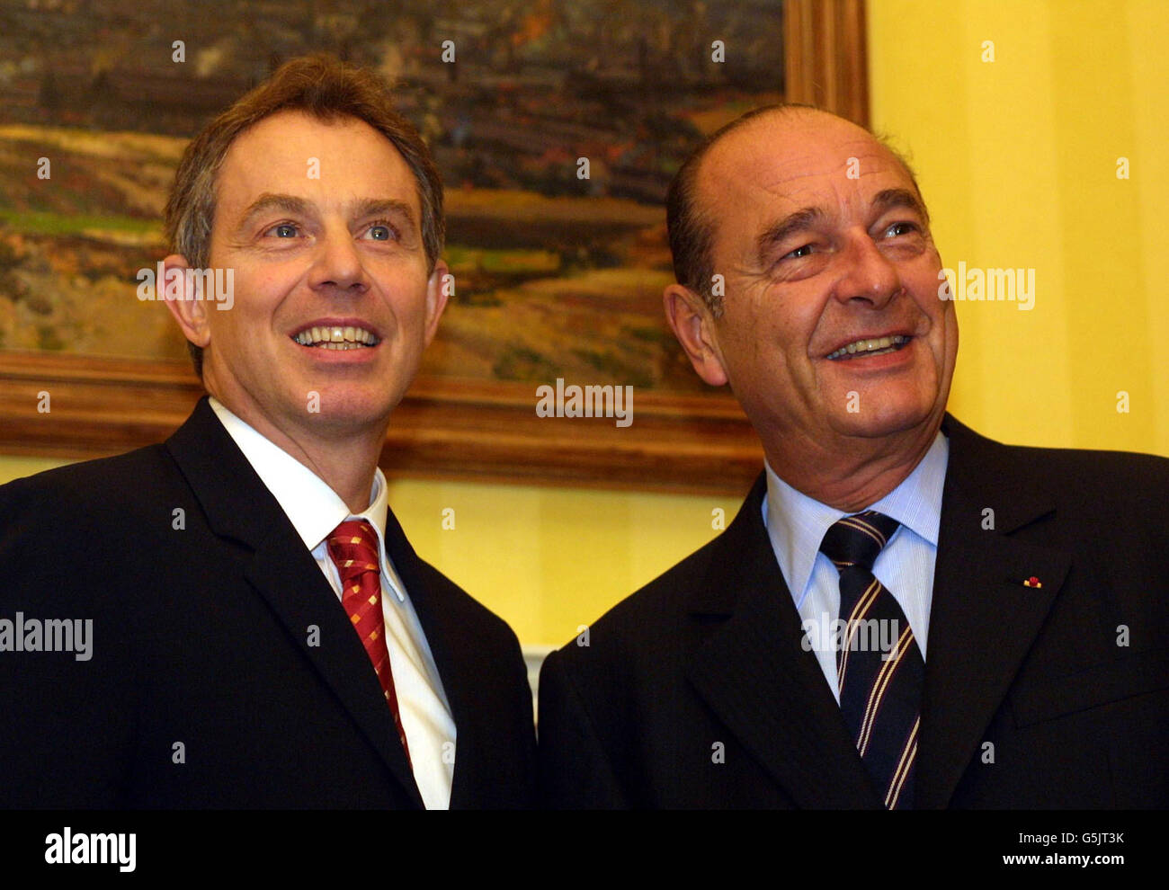Britain's Prime Minister Tony Blair poses with French President Jacques Chirac at No. 10 Downing Street in London. The French President, who celebrates his 69th birthday, was meeting Blair as part of an Anglo-French summit. Stock Photo