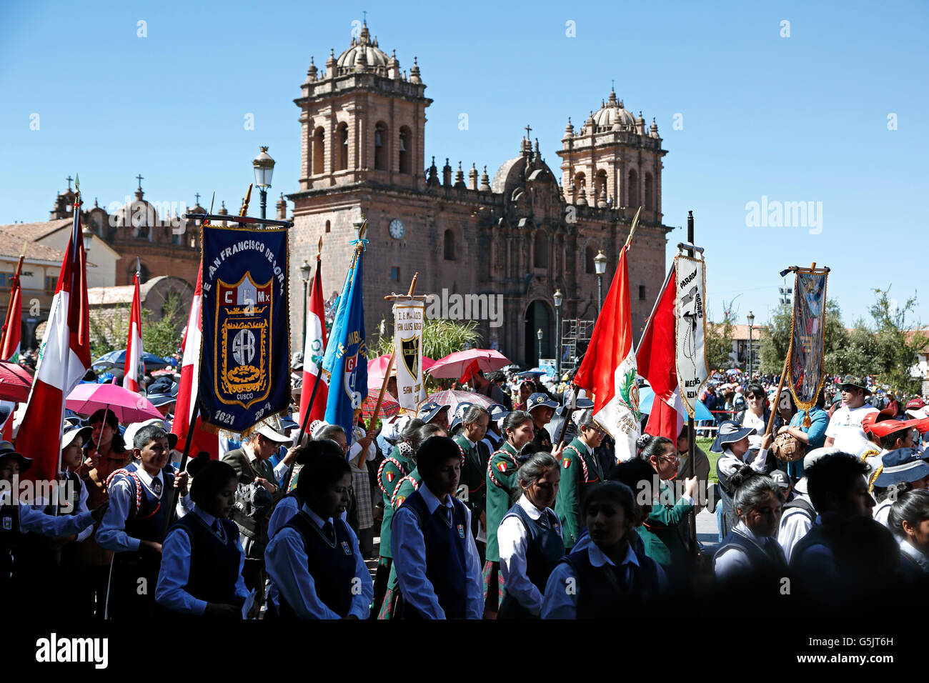 Procession, Cusco Cathedral in background, Plaza de Armas, Corpus Christi Celebration, Cusco, Peru Stock Photo