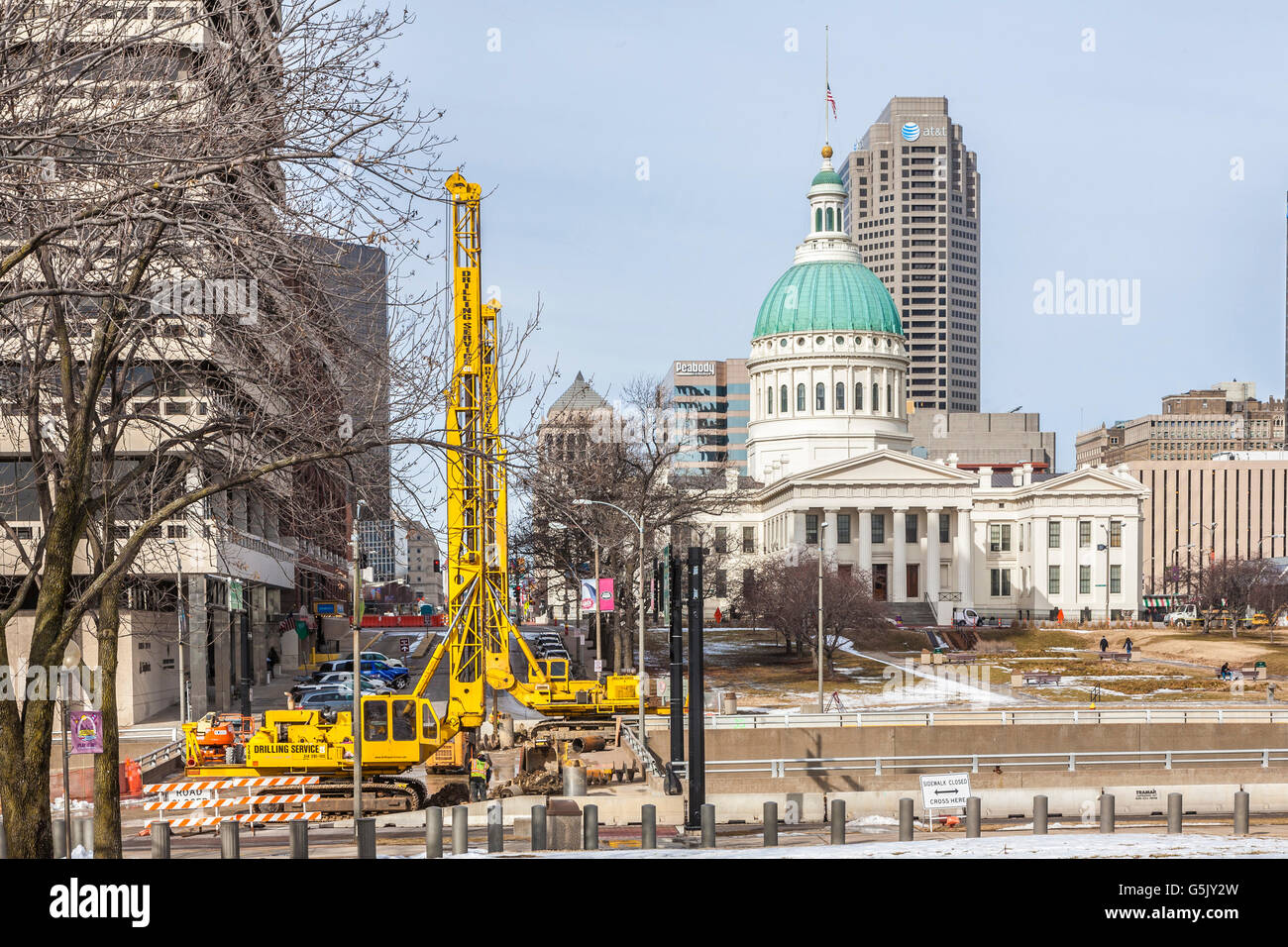 Hole drilling operation as part of road construction near the Old Courthouse in downtown St. Louis, Missouri Stock Photo