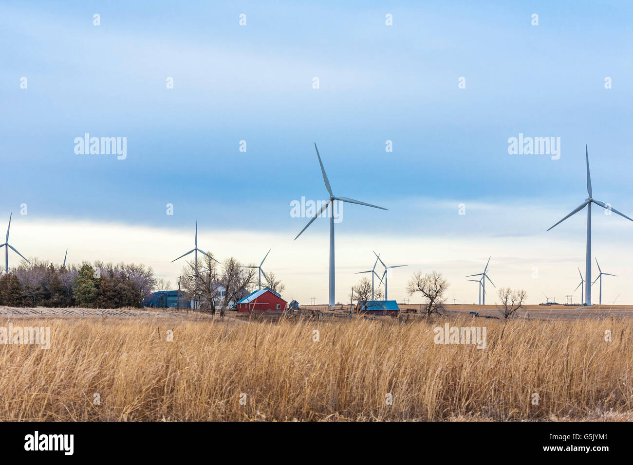 Wind turbine generators at wind farm in rural north eastern Nebraska