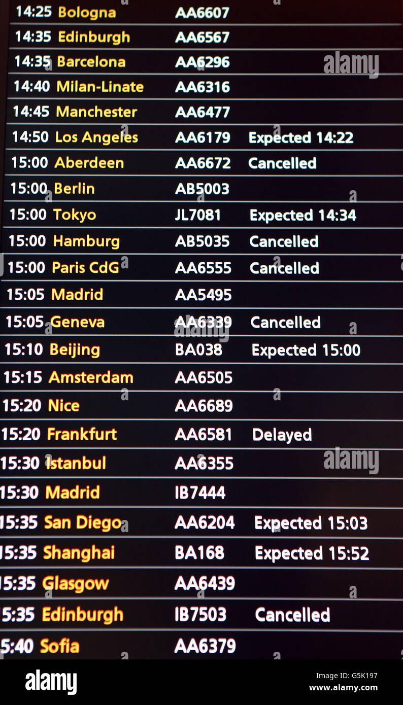 The arrivals board in Terminal 5 of Heathrow Airport as overnight fog caused travel disruption across the UK. Stock Photo