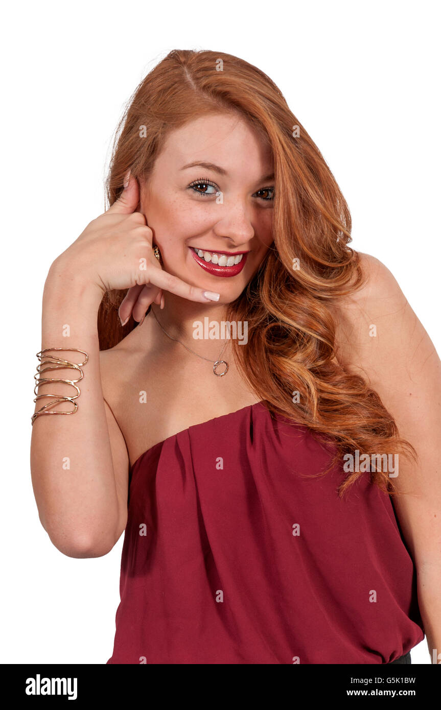 Woman Using Finger Sign To Ask Someone To Call Her Stock Photo Alamy