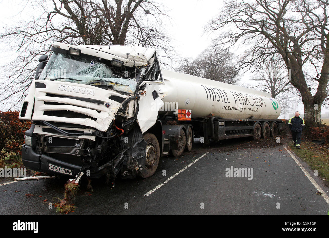 A petrol tanker blocks the A811 near Kippen this morning after it hit a tree and jackknifed across the road.The driver escaped uninjured. Stock Photo