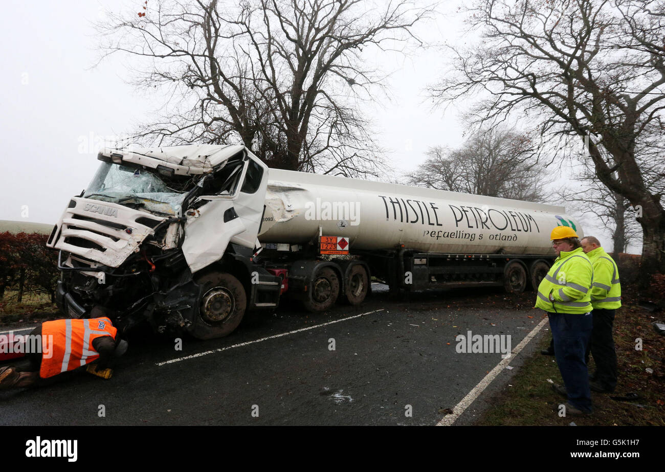 A petrol tanker blocks the A811 near Kippen this morning after it hit a tree and jackknifed across the road.The driver escaped uninjured. Stock Photo
