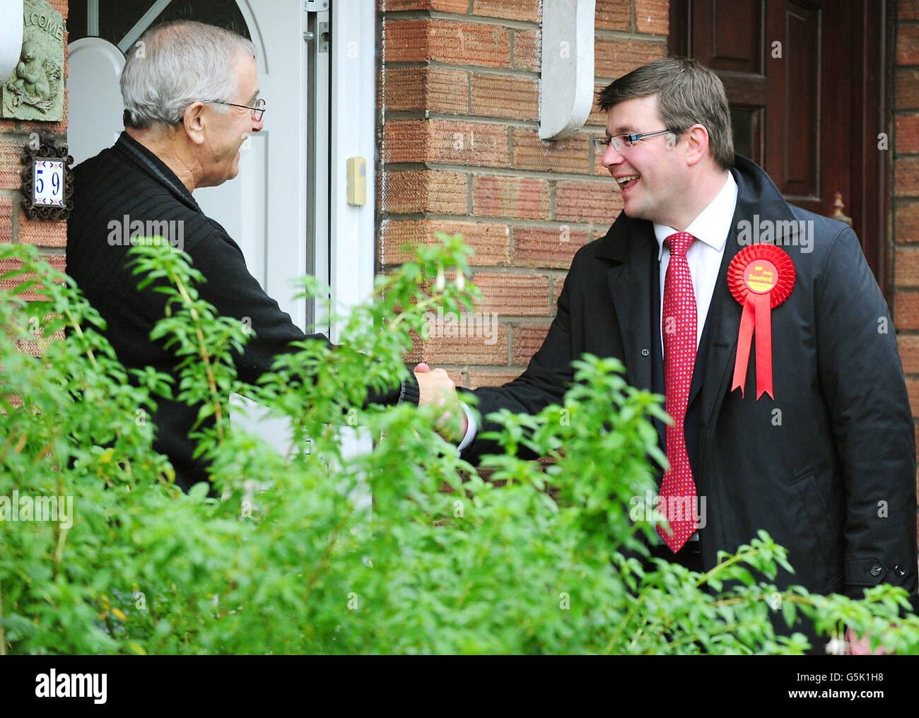 Labour candidate Andy Sawford campaigns in Raunds, Northamptonshire