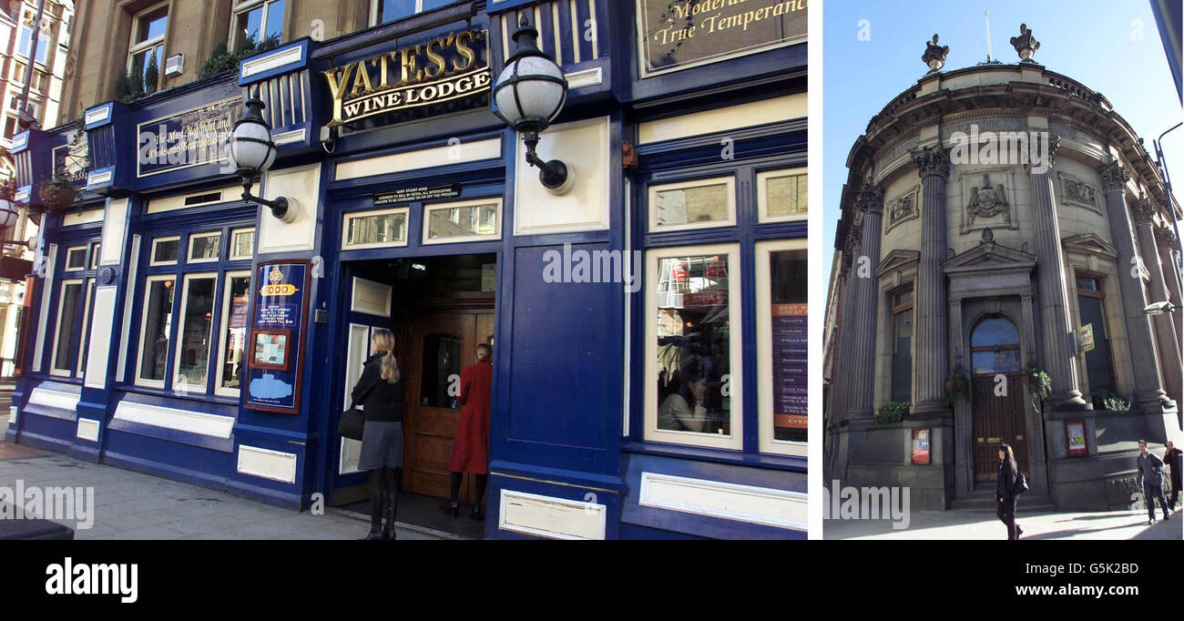 Yates's Wine Lodge (left) and the Observatory in Leeds which were visited by Jonathan Woodgate, Paul Clifford, Neale Caveney and James Hewison in the hours before the attack on student Sarfraz Najeib. *...Mr Najeib, of Rotherham, South Yorkshire, was injured in an attack outside the nightclub in January last year. The defendents drank at the lap dancing club before going onto The Majestyk nightclub in the night inquestion. Stock Photo