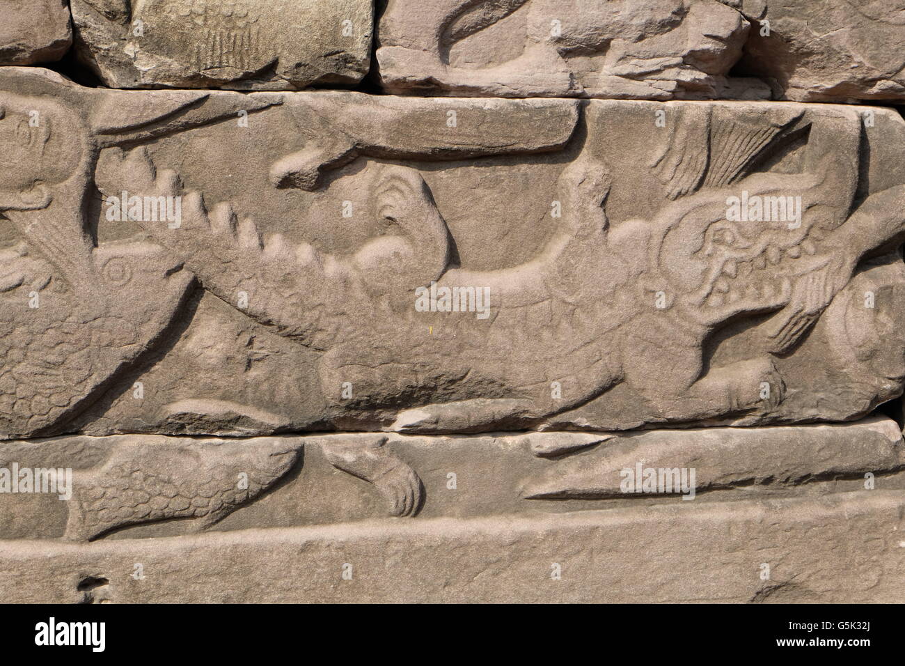 Crocodile bas relief at Banteay Chhmar, Cambodia Stock Photo