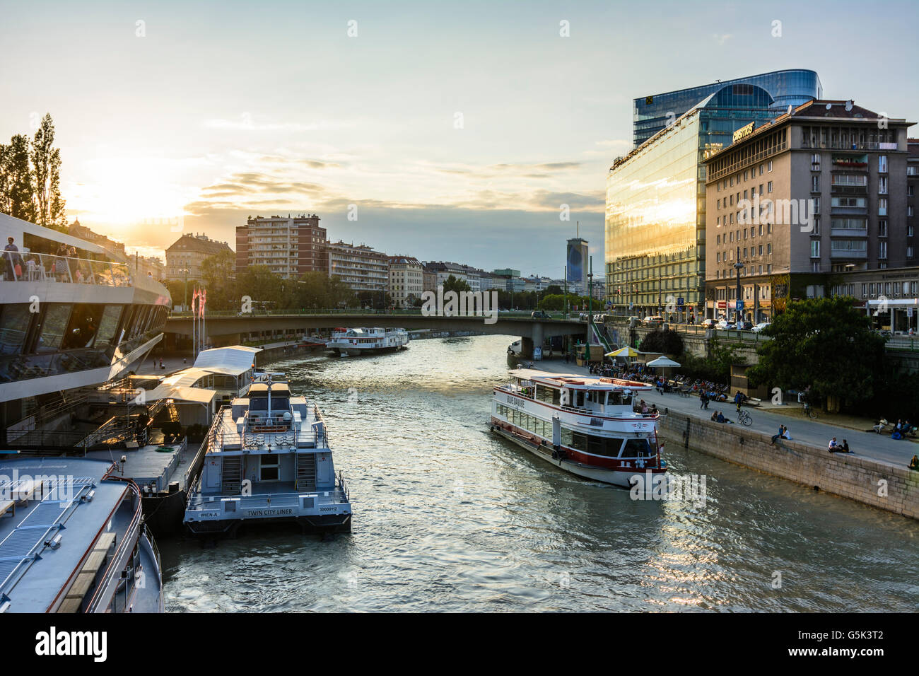 Danube Canal with the boat station for the Twin City Liner with the restaurant ' Motto am Fluss ', Wien, Vienna, Austria, Wien, Stock Photo