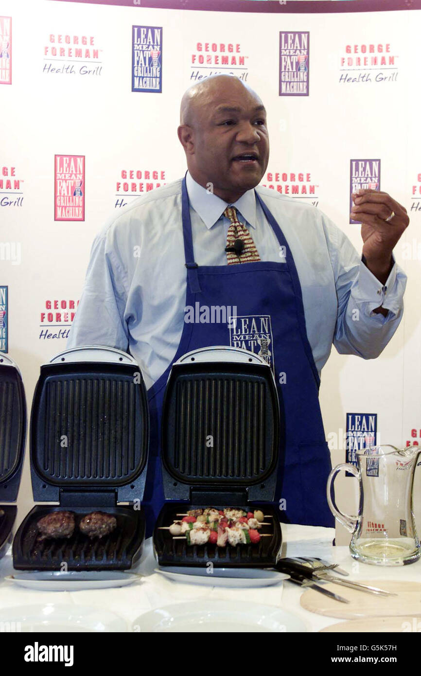 Heavyweight boxing legend George Foreman at the launch of his 'Lean Mean  Fat Reducing Grilling Machine' at the Design Museum, London. The healthy  grill directs fat away from the food, already a