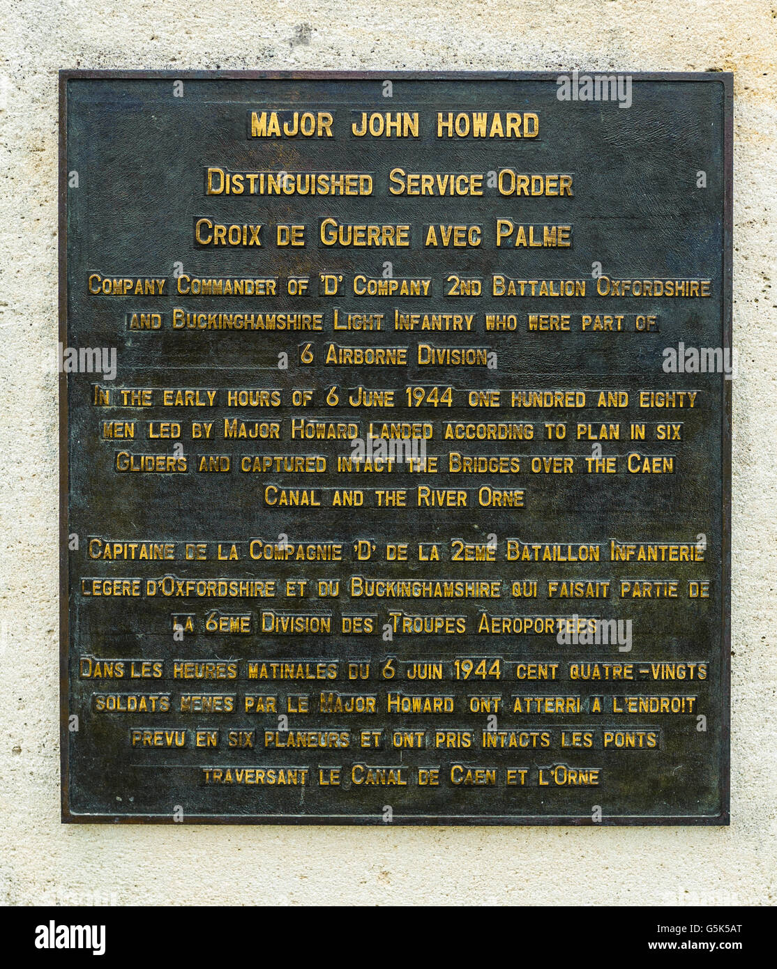 Pegasus Bridge, Benouville, Normandy, France – Memorial to Major John Howard who led the attack on D Day Stock Photo