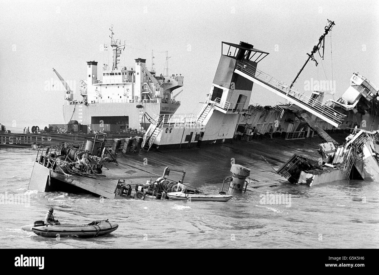 The damaged starboard-side of the European Gateway ferry, after it was pulled from a sandbank off Felixstowe. It was involved in a collision with another ferry on December 19th, in which six people died. Stock Photo