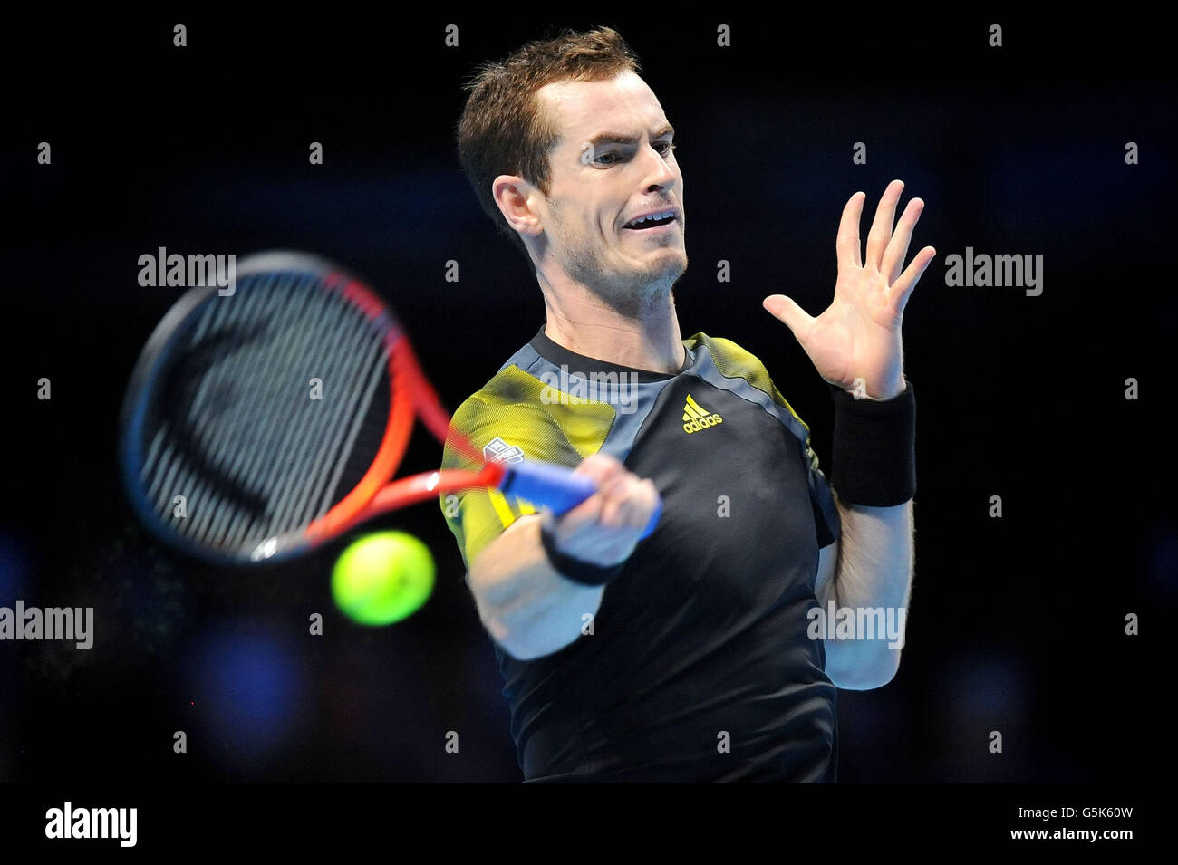 Great Britain's Andy Murray in action against the Czech Republic's Tomas Berdych during the Barclays ATP World Tour Finals at the O2 Arena, London. Stock Photo
