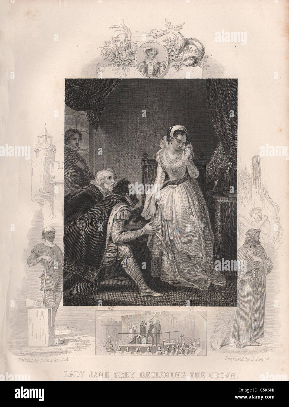 BRITISH HISTORY: Lady Jane Grey declining the crown. Inset Execution.TALLIS 1853 Stock Photo
