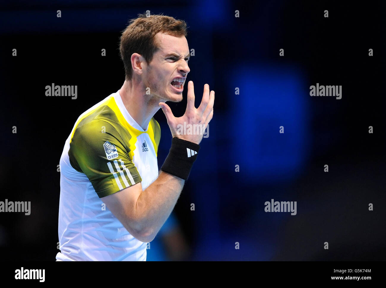 Great Britain's Andy Murray shows his frustration during his match against Serbia's Novak Djokovic during the Barclays ATP World Tour Finals at the O2 Arena, London. Stock Photo