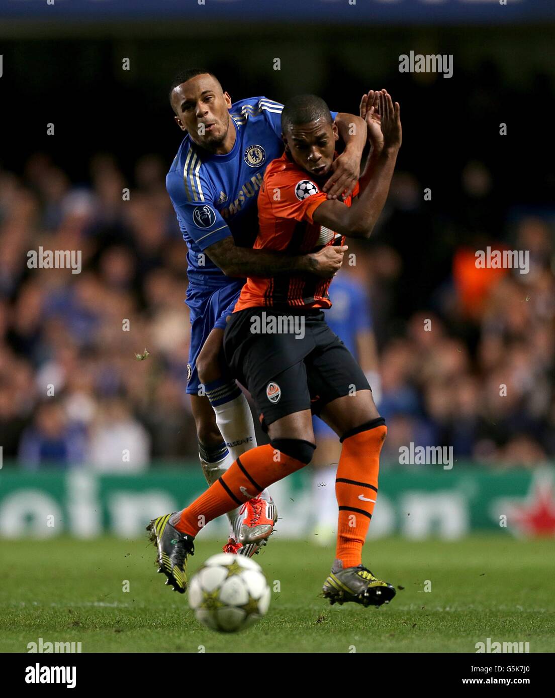Chelsea's Ryan Bertrand (left) and Shakhtar Donetsk's Luis Fernandinho in action Stock Photo