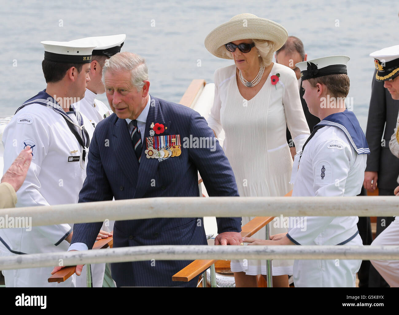 The Prince of Wales and Duchess of Cornwall arrive at Garden Island Naval Base in Sydney, Australia. Stock Photo