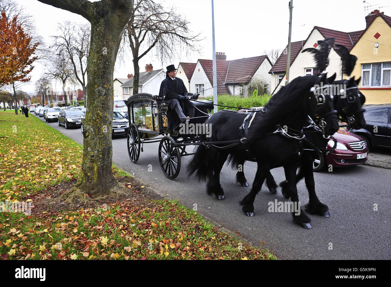 The leopard skin style coffin containing Karina Menzies arrives inside a horse drawn hearse at the Church of Ressurection, Ely, near Cardiff. Stock Photo