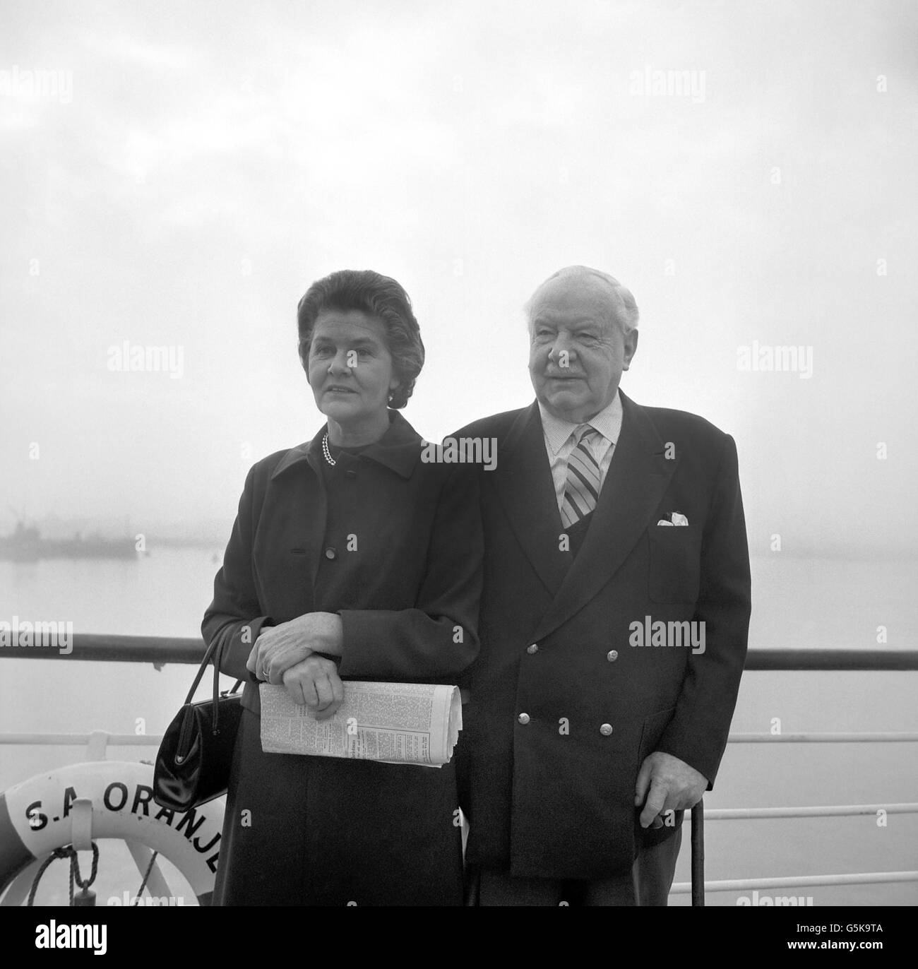 Sir Arthur 'Bomber' Harris, Marshal of the Royal Air Force, and Lady Harris, pictured aboard the SA Oranje, prior to sailing to Cape Town. Stock Photo
